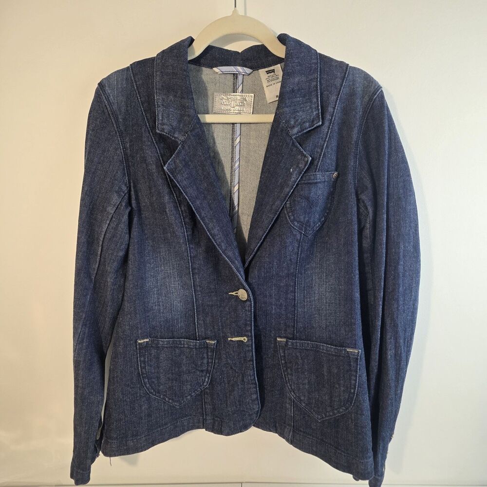 Levis Denim Blazer Jacket Womens Medium M Fitted Stretch Cotton Medium Wash Y2K